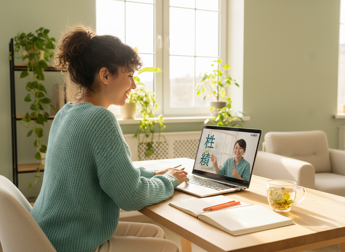 Kobieta ucząca się języka online przy laptopie w jasnym wnętrzu